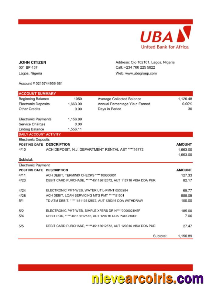 Nigeria UBA bank statement in Excel and PDF format